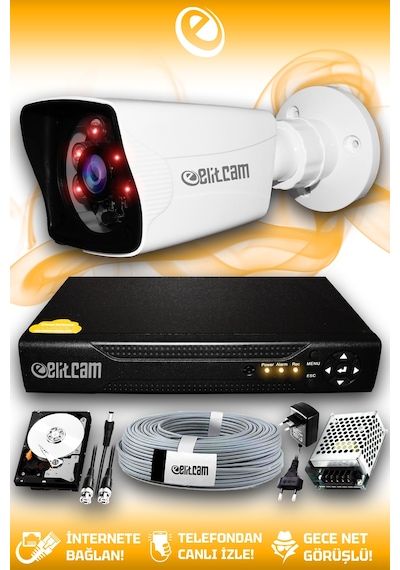 Elitcam 1 Kameralı Kare 1 Dış Kamera Set 500 GB HDD Full HD Gece Görüşlü Güvenlik Kamerası Sistemi