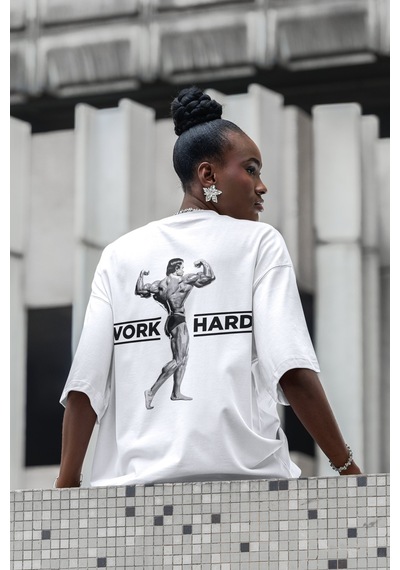 Arnold Work Hard Yazılı Body Building Sırt Baskılı Unisex Oversiz Beyaz