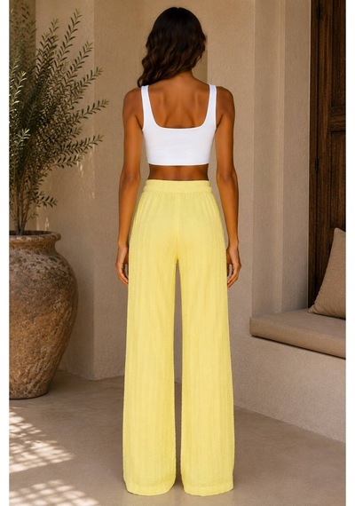Hira Life Fashion Kadın Kumaşı Kabartma Detaylı Bol Paça Ve Önü Bağcıklı Salaş Burgu Şık Pantolon Sarı Sarı