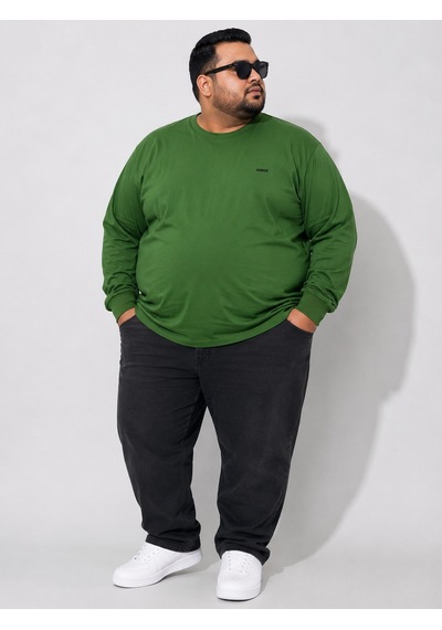 Büyük Beden Pamuklu Rahat Kalıp Günlük Kullanım Bisiklet Yaka Erkek Sweatshirt Yeşil