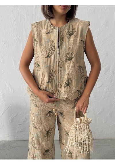 Verymoda Nakışlı Keten Fermuarlı Yelek Vmf2007 Kahve