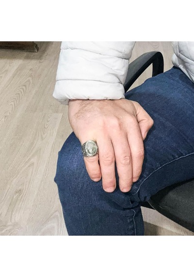 El Yapımı Prehnit Taş Yüzük - Şifa Veren 925 Ayar Sert Gümüş Erkek Yüzüğü - Huzur Ve İçgörü Tasarımı Gümüş