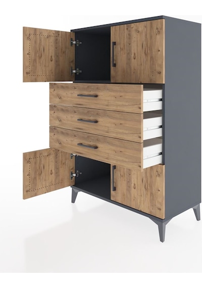 Hyperion Dolap Tek Raflı 3 Çekmeceli 4 Kapaklı 88x44x134 Antrasit-çam Antrasit