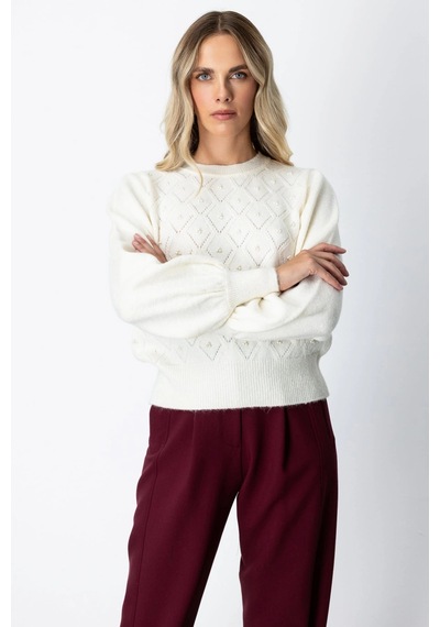 On Fashion Kadın İncili Baklava Desenli Ekru Kazak 63316 Ekru