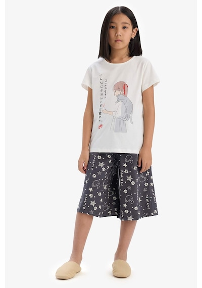 DeFacto Kız Çocuk Pijama Takımı Baskılı Kısa Kollu Üst Kapri Alt E2227A825SMER85 Ekru