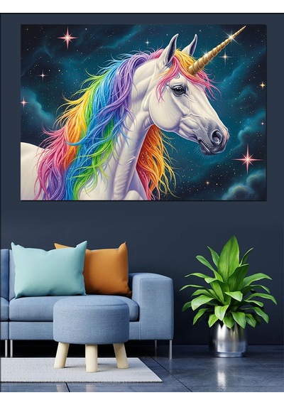 Uzayda Renkli Tekboynuzlu Unicorn At Dekoratif Kanvas - Mdf Ahşap Tablo