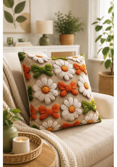 4'lü Set Çiçekli Dekoratif Kırlent Kılıfı 43x43 Cm, 3d Efektli Dijital Baskılı - Papatya Demeti Çok Renkli