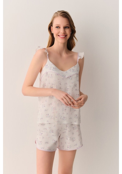 Suwen Butterfly Pamuklu Atlet Şort Pijama Takımı Sh26602667338 Ekru