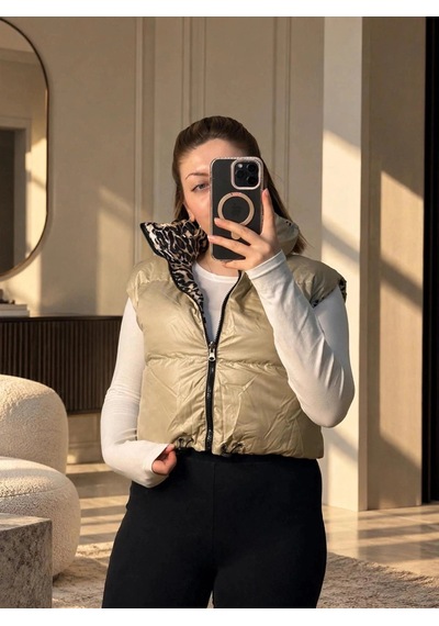 Elora Atelier Çift Taraflı Leopar Desenli Şişme Yelek Bej-leopar