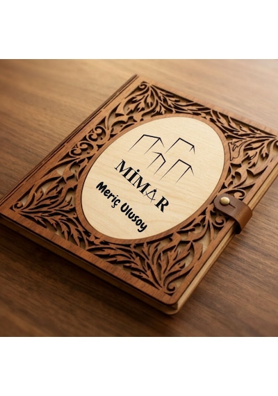 Mimar Tasarımlı Kişiye Özel Ahşap Kapaklı Defter - Çizim Ve Eskiz İçin 60 Yaprak Kraft Kağıtlı Mesleki Hediye Kahve