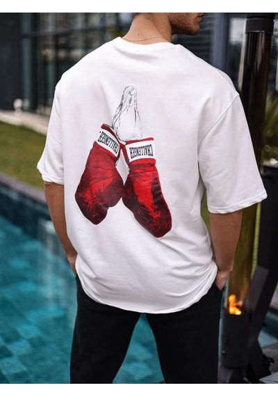 Erkek Kısa Kol Tişört Bisiklet Yaka Boxy Eldiven Baskılı T-shirt - Beyaz