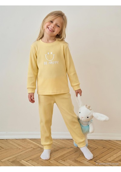 Minidamla Gülen Yüz Baskılı 1-7 Yaş Pijama Takımı - Sarı