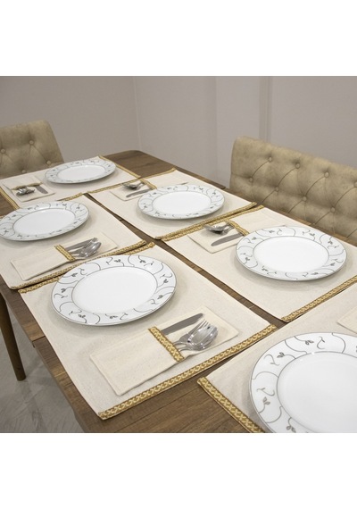 Dnc Home Tekstil Ndchome Keten Dokuma Şeritli 6lı Amerikan Servis Seti Kaşıklık Hediyeli 35x55 Krem