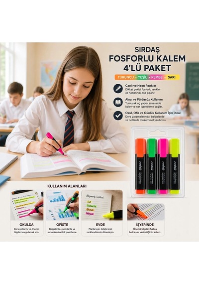 Ers Yuma Ym-792-4 792-t-y-s-p 4pcs Fosforlu Kalem Turuncu - Yeşil - Sarı - Pembe