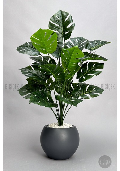 Biçiçek Yapay Monstera Deve Tabani Bi̇tki̇si̇ 65 Cm Antresi̇t Küre Saksıda