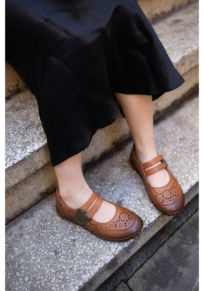 Venüs 2010728 Eren Shoes&bag Hakiki Deri Çift Bantlı Cırtlı Saraç Taba