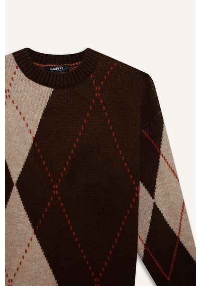 Defacto Regular Fit Bisiklet Yaka Baklava Desenli Triko Kazak Tunik G0711ax25wnbn341 Kahve-bn341