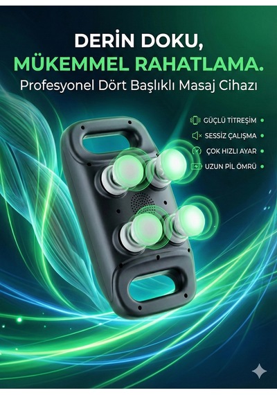 4 Başlıklı Masaj Tabancası - Ergonomik Derin Doku Sırt Ve Boyun Masaj Aleti Ağrı Ve Sızı Giderici Çok Renkli