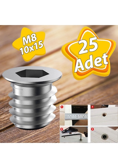 Metal Düz Dişli Dübel Ahşap Dübeli M8 10x15 Diş Çinko Mobilya Bağlantı Ünite Birleştirme 25 Adet