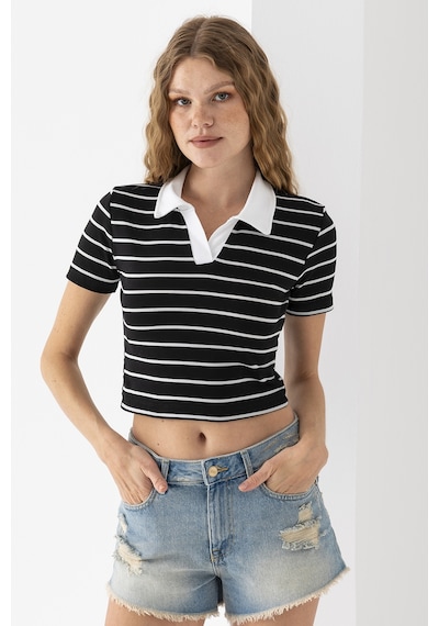 Giysa Kadın Polo Yaka Çizgili Pamuklu T-shirt Siyah Beyaz - 25795 Siyah - Beyaz