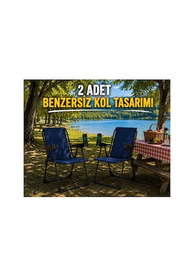 2 Adet Kamp Sandalyesi, Katlanır Kamp Sandalyesi, Bardaklıklı Kamp Sandalyesi,plaj Piknik Sandalyesi Lacivert