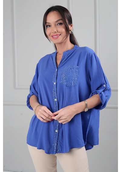 By Saygı Kadın Pul Detaylı Tek Cepli Oversize İthal Keten Gömlek Saks