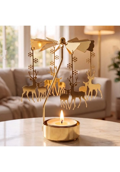 Döner Mumluk Yılbaşı Süsü Geyik Ve Kar Tanesi Dekoratif Tealight Mumluk