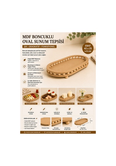 Boncuk Detaylı Oval Mdf Dekoratif Sunum Tepsisi 42 25 6 Cm