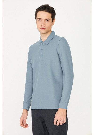 White Stone Mavi Mikro Dokulu Uzun Kollu Polo Yaka Üst Mavi