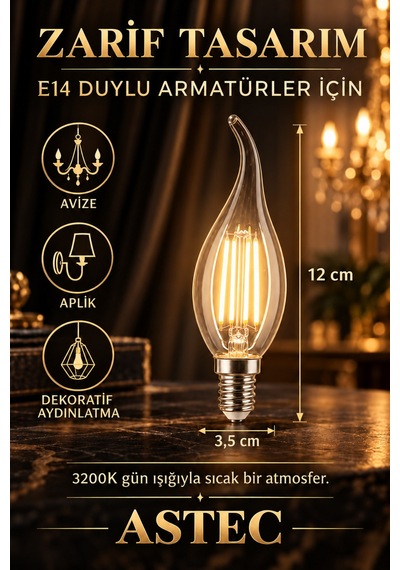 Astec E14 Filament Buji Ampul 7 Watt 3200k Gün Işığı Dekoratif Filament Led