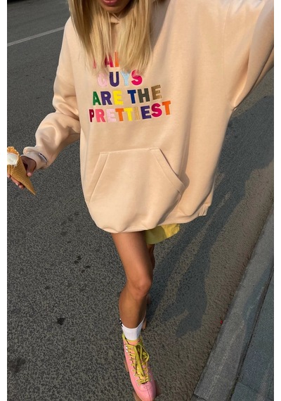 Bej Renkli Nakışlı Bisiklet Yaka Sweatshirt Mg1574