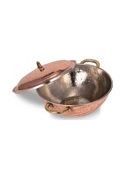Turna Bakır Wok Tava 25 CM Kapaklı El Dövme Kırmızı Turna4812-1