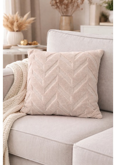 Peluş Dekoratif Kırlent Kılıfı İskandinav Zigzag-balıksırtı 4 Lü Set 42x42 Cm Vizon - Bej