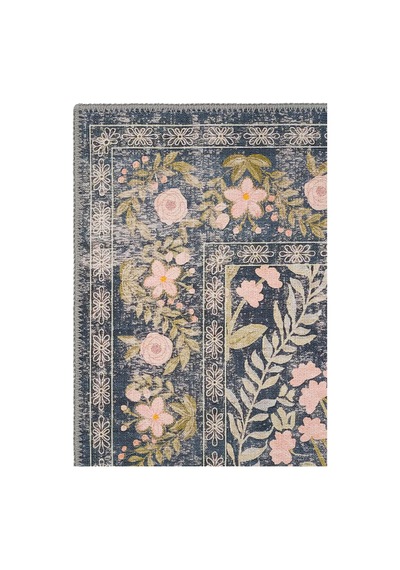 Cool Halı Daisy Kömür Mavi Bohem Halı Yıkanan Çiçek Desenli Dokuma Şönil Halı Otantik Vintage Halı