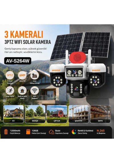 Avenir Av-s264w 3 Kameralı 3ptz Wifi Solar Güvenlik Kamerası