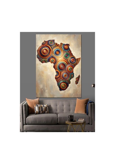 Renkli Desenli Afrika Kıtası Haritası Yağlı Boya Dokulu Kanvas Tablo Canvas Tablosu