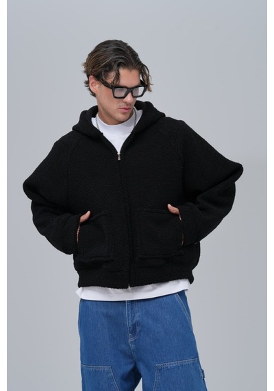 Düz Fermuarlı Cepli Kapüşonlu Unisex %100 Pamuk Sweatshirt Siyah