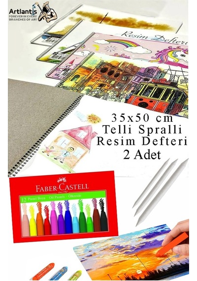 12 Renk Pastel Boya 35x50 Cm Telli Spralli Resim Defteri Pastel Dağıtma Kalemi 15 Yaprak Resim Defteri Yağlı Pastel Çok Renkli
