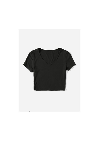 Liona V Yaka Siyah Renk Fitilli Kısa Kollu Regular Crop Top Bluz Siyah