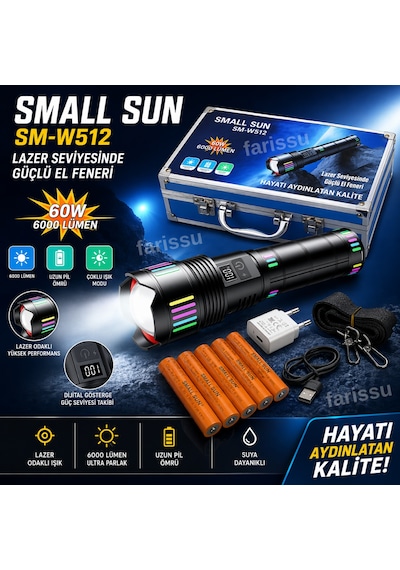 60w 6000 Lümen Şarjlı El Feneri - 2 Km Menzilli, 19200 Mah Dev Pil Kapasitesi, Zoom Özellikli Lazer Odaklı Siyah