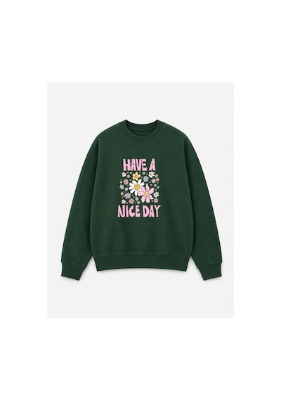 Herkesemoda Emoji Çiçekler Baskılı 2 İplik Şardonlu Bisiklet Yaka Sweatshirt Yeşil