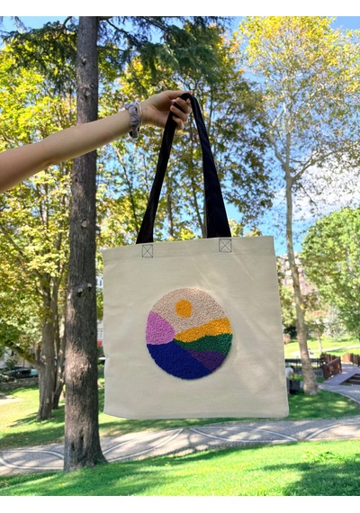 Bolergıashop Monura Grande Tasarım Canvas Omuz Çantası Bej - Beyaz - Pembe Punch İşleme