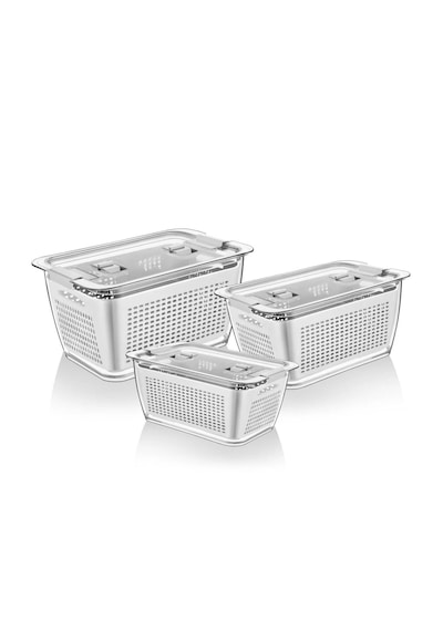 Vinoa 3'lü 2,5 Lt + 5 Lt + 9 Lt Süzgeçli Buzdolabı Düzenleyici Organizer + Saklama Kabı Beyaz