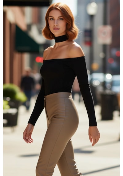 Ersefa Stil Kadın Carmen Yaka Choker Detaylı Fitted Vücuda Oturan Fitill Kahverengi