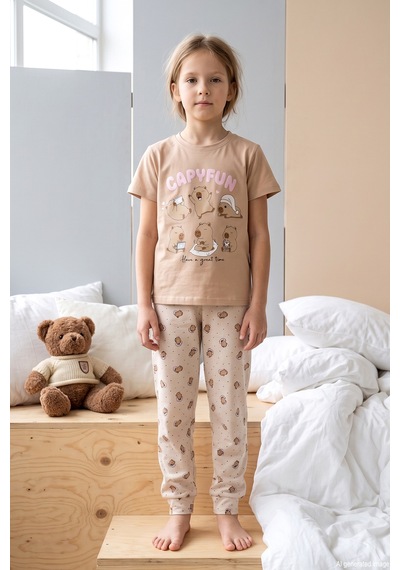 Remsa Kız Çocuk Kısa Kol Baskılı Penye Pijama Takımı 6514 Vizon