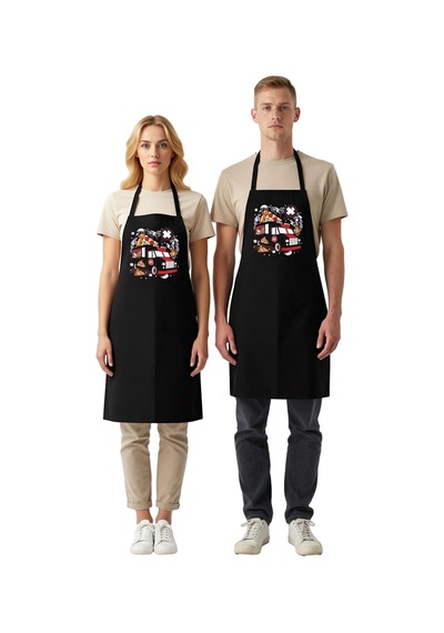 Unisex Mutfak Önlüğü Pizza Baskılı Itfaiye Temalı Grafik Desen Ra Siyah