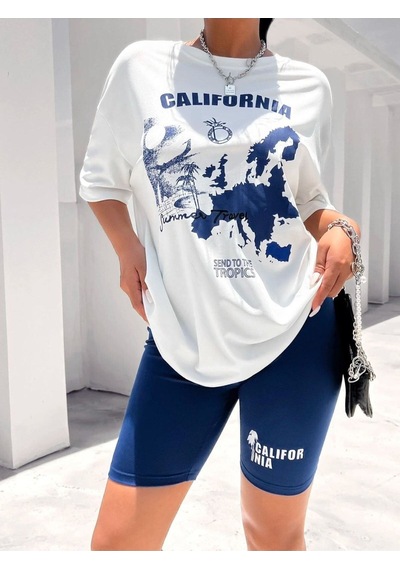 Flood Of Style Kadın Beyaz Mavi Calıfornıa Baskılı Bisiklet Yaka Tshirt