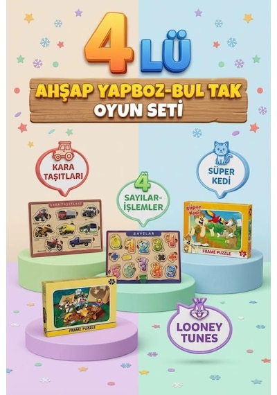 Eğitici Öğterici Ve Eğlenceli 4'lü Frame Yapboz Hikayeli Yapboz Ve Bul-tak Oyun Takımı Seti