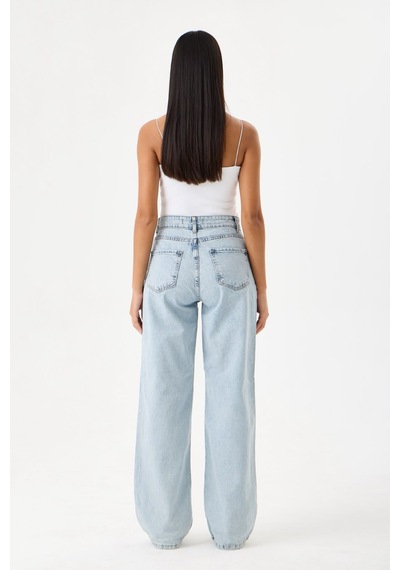 Lyvens Kadın Buz Mavi Palazzo Jean Yüksek Bel Geniş Paça Denim