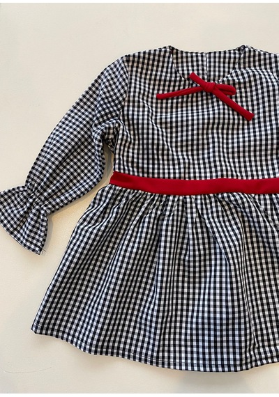 Ekose Kırmızı Detaylı Bebek Çocuk Elbise, Tasarım Siyah - Beyaz